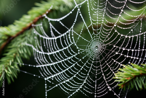 A close-up of a dew-covered spiderweb, highlighting the love and creation of intricate natural designs, love and creation