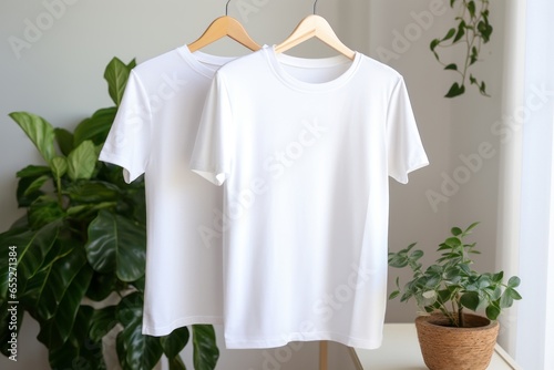 White t-shirt hanging on wooden hanger in modern room background, White empty t-shirt mock up.
