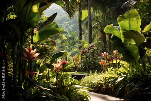 A lush tropical rainforest with diverse plant life, showcasing the love and creation of rich biodiversity, love and creation