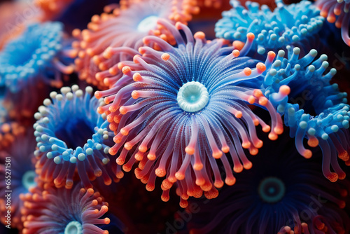 A close-up of a vibrant coral polyp  highlighting the love and creation of microscopic marine life  love and creation