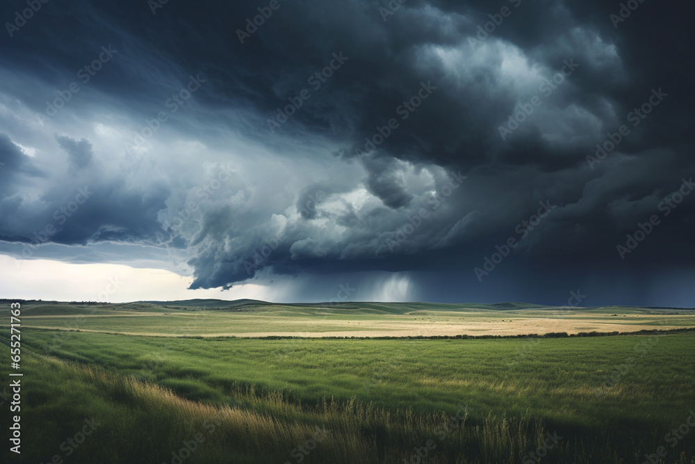 A panoramic view of storm clouds gathering over a serene countryside, emphasizing the contrast between calm and chaos, love and creation