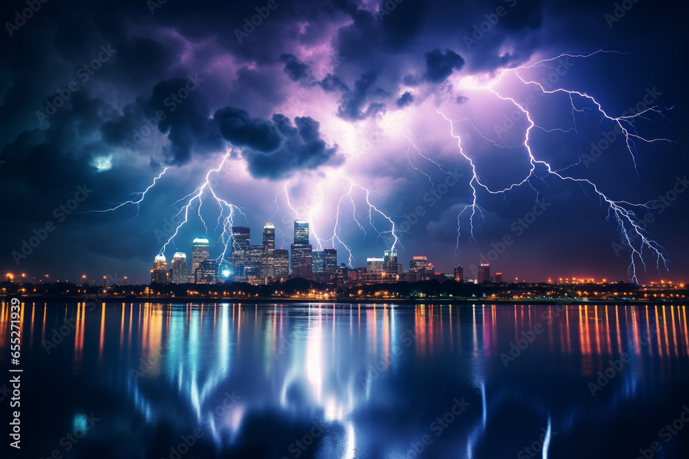 The ethereal beauty of a lightning storm over a cityscape, capturing the juxtaposition of urban and natural elements, love and creation