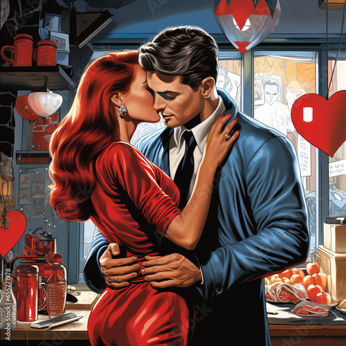 A Radiant Valentine’s Day Scene Capturing a Couple’s Intense Love in an Apartment, Enveloped in Bold Reds and Blues, Amid Heart Balloons in a Vivaciously Styled Ambiance photo