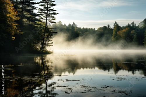The serene beauty of a morning fog rolling in over a quiet lake, emphasizing the atmospheric transformations brought by changing weather, love and creation