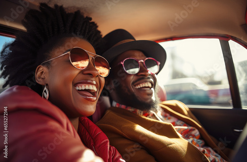 Travel, road trip and black people couple driving by countryside for holiday, journey and freedom with happiness. Trendy sunglasses, fashion and gen z friends in a car drive for vacation lifestyle photo