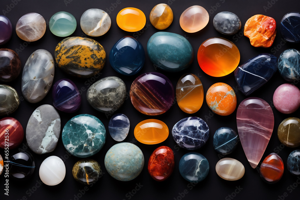 Top view of many different precious stones in wooden plate. Gemstones for jewelry, spiritual practices, meditations and relaxation. AI Generative Top view of many different precious stones in wooden plate. Gemstones for jewelry, spiritual practices, meditations and relaxation. AI Generative