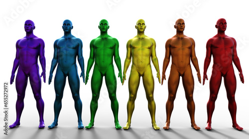 3D rendering. Row of multicolored bald men on white background. 
