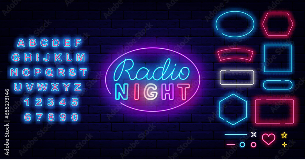 Radio music neon label. On air. Ellipse frame. Online streaming concept. Event design on brick wall. Vector illustration
