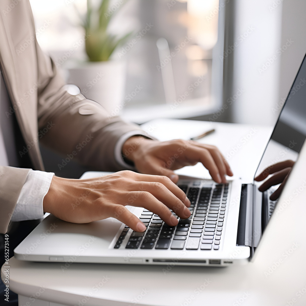 A laptop and a man's hands. A laptop and a man's hands.