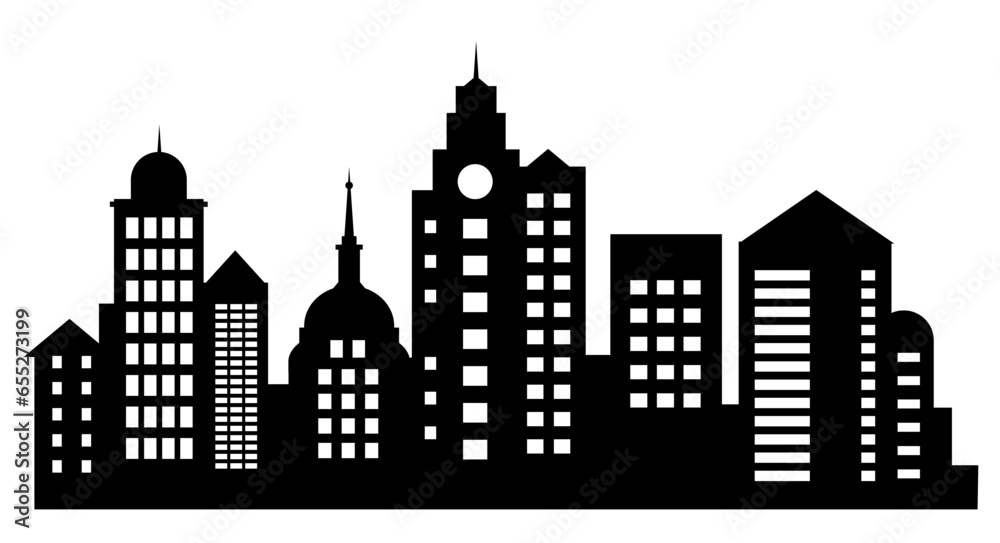 A set of silhouettes of city buildings, background cities flourishing