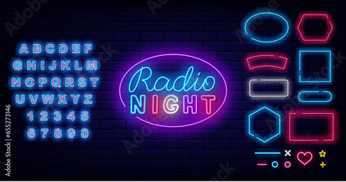 Radio music neon label. On air. Ellipse frame. Online streaming concept. Event design on brick wall. Vector illustration