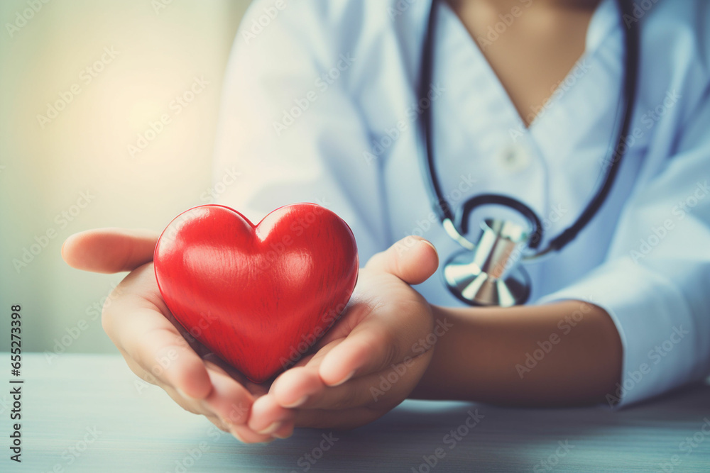 Child and adult holding a red heart with stethoscope Child and adult holding a red heart with stethoscope