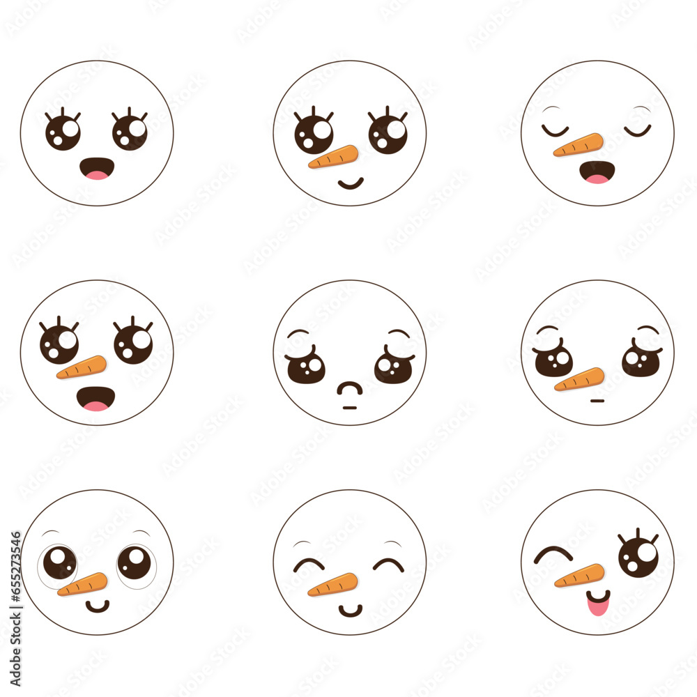 Vector collection of cute snowman faces in kawaii style. Vector drawings of a snowman with a set of different emotions. Winter holidays, Christmas and New Year. Design on white background Vector collection of cute snowman faces in kawaii style. Vector drawings of a snowman with a set of different emotions. Winter holidays, Christmas and New Year. Design on white background