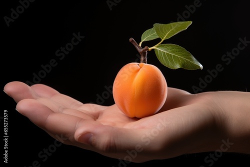 A person is pictured holding a small apricot. This image can be used to showcase the freshness and quality of apricots or to illustrate healthy eating habits.