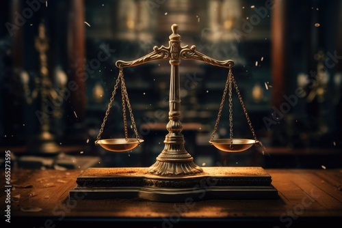 A wooden table with a scale of justice placed on top. This image can be used to represent the concept of justice, law, and legal proceedings. Perfect for legal websites, blogs, and articles.