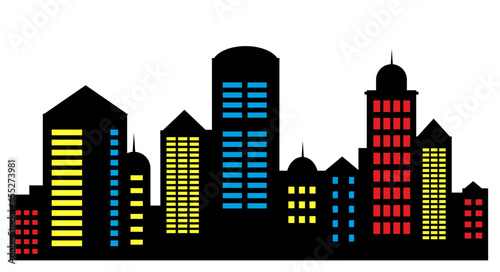 A set of silhouettes of city buildings, background cities flourishing
