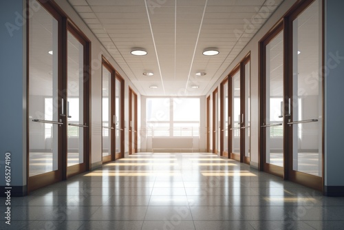 A picture of a long hallway with multiple glass doors. This image can be used to represent modern office buildings, hotels, or corporate spaces.