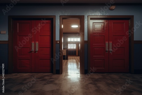 Two red doors are open in a room. This image can be used to illustrate concepts such as choices  opportunities  entrances  or interior design.