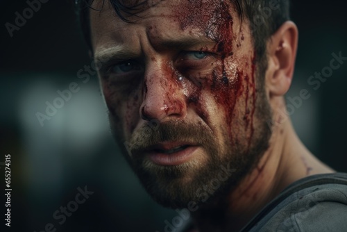 A close-up view of a man with blood on his face. This intense image captures the raw emotion and drama of a violent scene. Perfect for illustrating themes of danger, fear, and aggression. © Fotograf