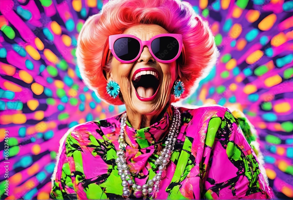 happy woman in colorful wigs happy woman in colorful wig portrait of happy young girl wearing sunglasses and wig. - obrazy, fototapety, plakaty 