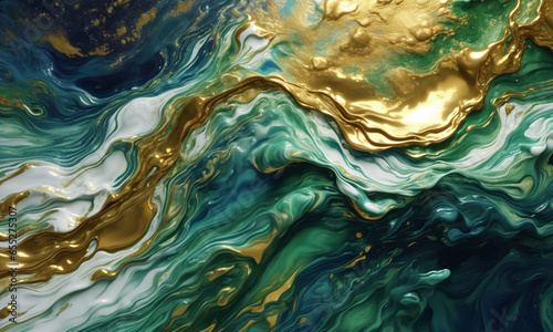 Green and Gold Abstract Painting on a Luxurious Marble Acrylic Background