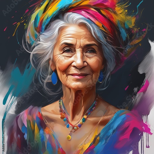 portrait of an elderly female in a colorful scarf, watercolor painting on canvas. portrait of an elderly female in a colorful scarf, watercolor painting on canvas. portrait of an old woman. colorful i