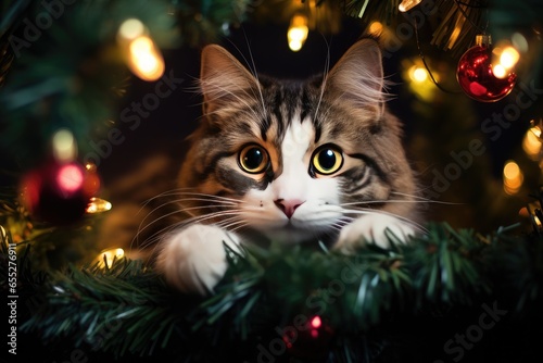 A mischievous cat peeking out from a Christmas tree adorned with ornaments, its expression exuding curiosity and excitement