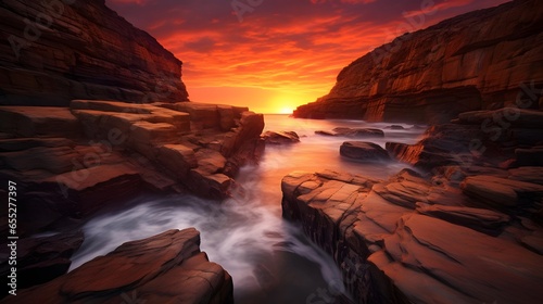 Beautiful seascape with red sandstone cliffs at sunset.