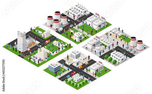 Isometric 3D city module industrial urban factory which includes buildings photo