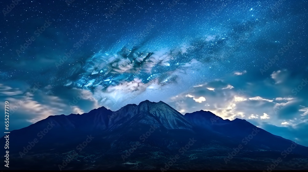 Mt. Fuji and starry sky. Panoramic view.