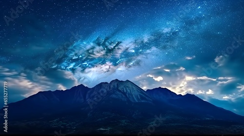 Mt. Fuji and starry sky. Panoramic view.