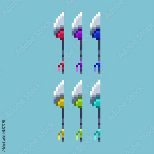 Pixel art sets of lance weapons with variation color item asset. Simple bits of lance soldier swrod on pixelated style. 8bits perfect for game asset or design asset element for your game design asset