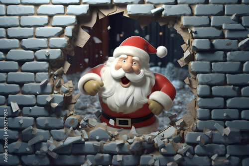 santa claus breaking through a brick wall, 3d illustration, Ai Generated