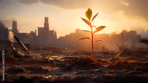 Plant growing on a sand with sunrise photo