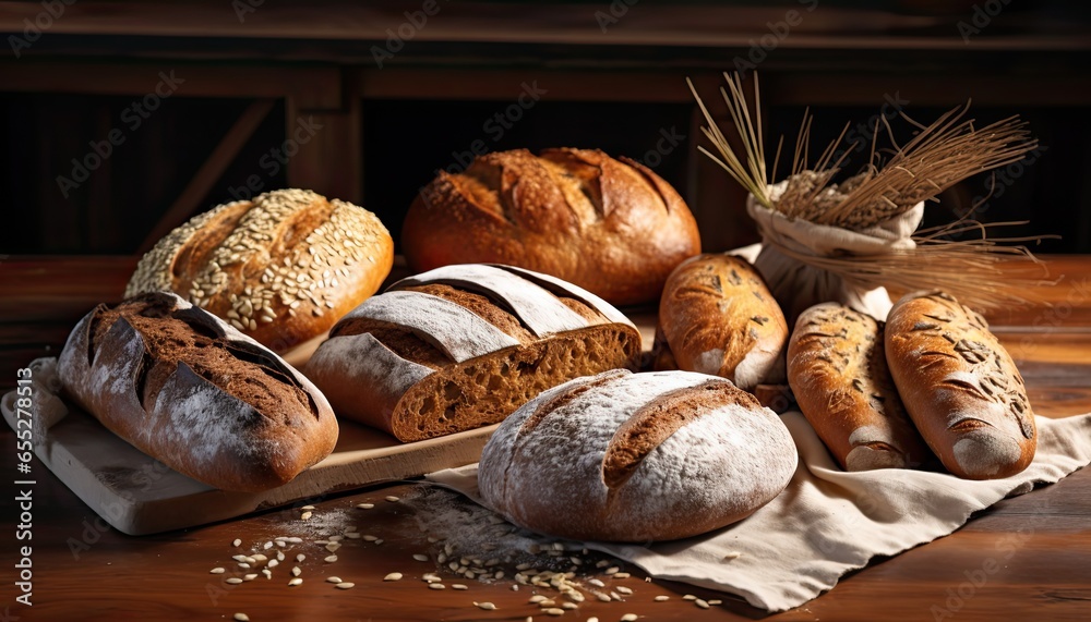 Collection of various types of homemade bread. Loaves of bread are on the table. Scattered wheat and flour