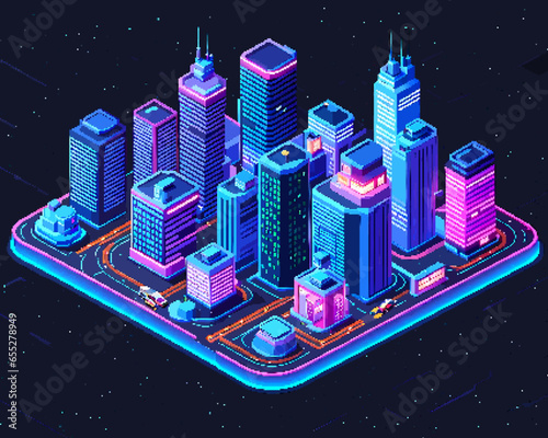 Three-dimensional projection pixel 8-bit art view of the city. 3D Illustration