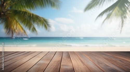 Dark wood floor top on blur tropical beach background, Advertisement, Print media, Illustration, Banner, for website, copy space, for word, template, presentation