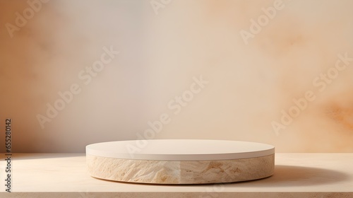 Round Stone Podium in front of a beige Studio Background. White Pedestal for Product Presentation