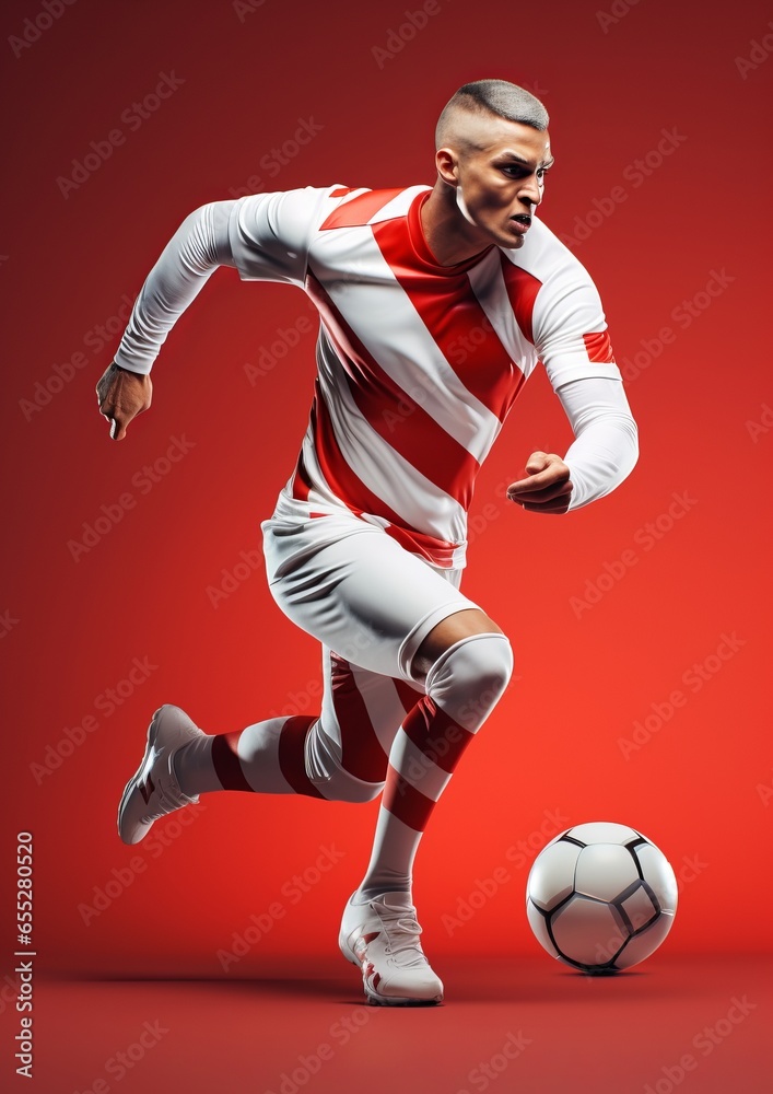 Soccer player kicking ball, isolated, red and white uniform, red background. Soccer player kicking ball, isolated, red and white uniform, red background.