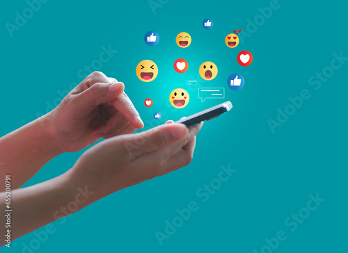 Social media and digital online concept Woman having fun using a smartphone on social media Ideas for spending time on holiday and using social media Social distancing, working from home
