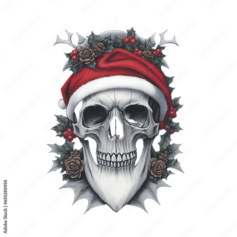 Christmas themed skull with holly leaves, red berries, pine cones, and a Santa hat, t-shirt design, Transparent Background, PNG File Christmas themed skull with holly leaves, red berries, pine cones, and a Santa hat, t-shirt design, Transparent Background, PNG File