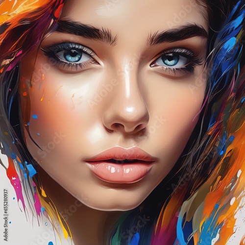 beautiful girl with colorful hair. 3d illustration. beautiful girl with colorful hair. 3d illustration. beautiful young woman with bright colorful makeup and red lipstick. fashion model with bright ma