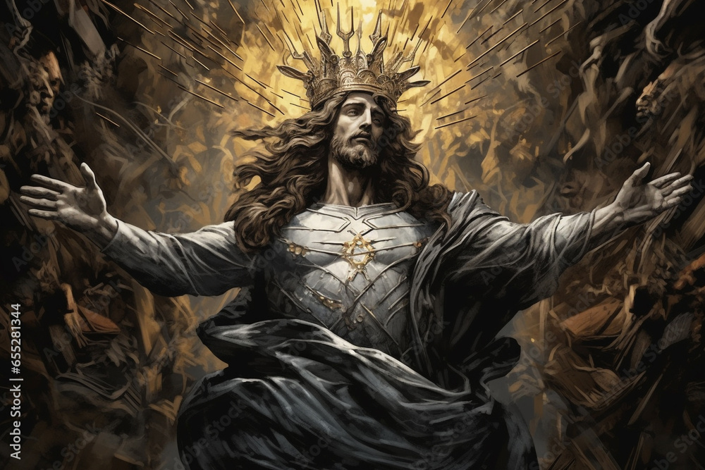 Culture and religious concept. Jesus Christ and genesis surreal illustration. Sacral fresco or statue Jesus in chaotic background. Small and tiny details, gray and golden coloring. Generative AI