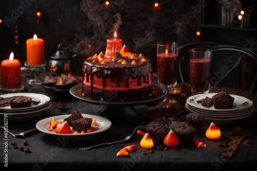 Halloween-Themed Dark Dining Table Setting with Spooky Delicacies, cake, muffin, sweet, AI Generated