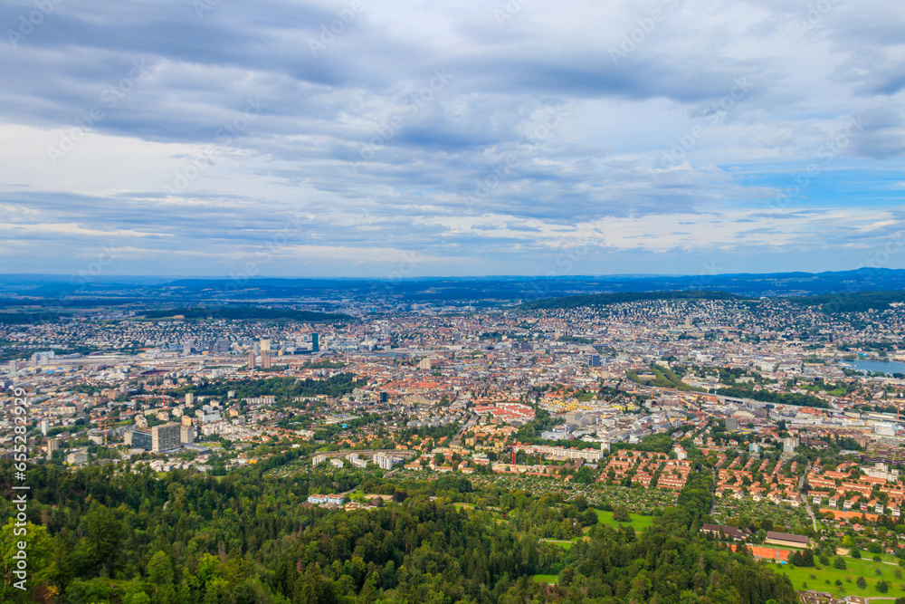 Aerial panorama of Zurich city from the Uetliberg mountain, Switzerland