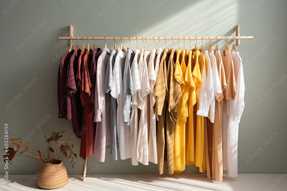 Set of clothes on a drying rack, giving the room a light background.