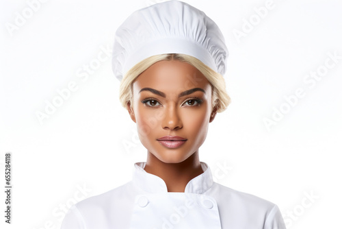 A woman wearing a chef's hat poses for a picture. This versatile image can be used for various culinary and cooking-related projects.