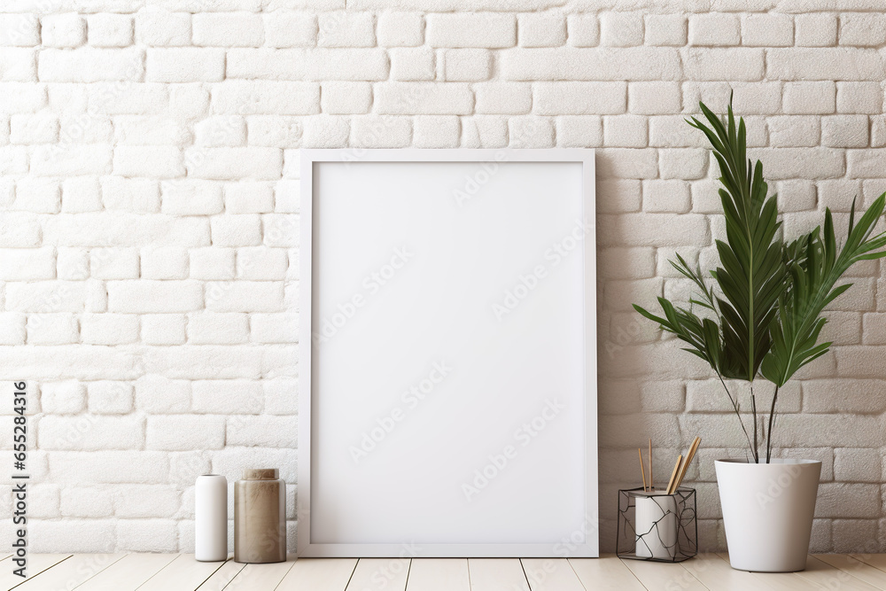 Blank picture vertical frame mockup on a stone white brick wall, boho style, modern, minimalist - obrazy, fototapety, plakaty 
