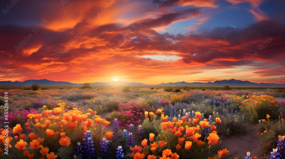 Beautiful panoramic landscape of blooming meadow with wildflowers at sunset
