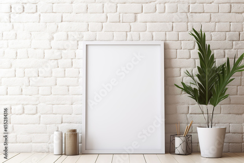 Blank picture vertical frame mockup on a stone white brick wall, boho style, modern, minimalist photo